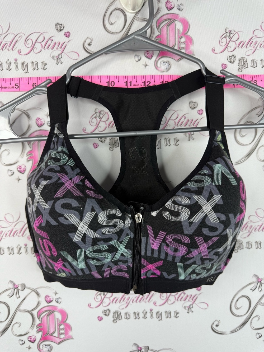 Victoria's Secret zip Black VSX Logo Front-Zip Sports Bra with Multicolor Print